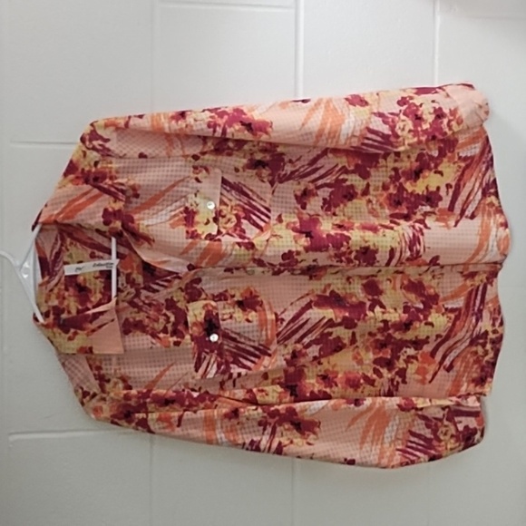 Pink Coral Burgundy Orange Abstract Floral & Check Shirt Roll Tab Sleeve - Picture 14 of 14